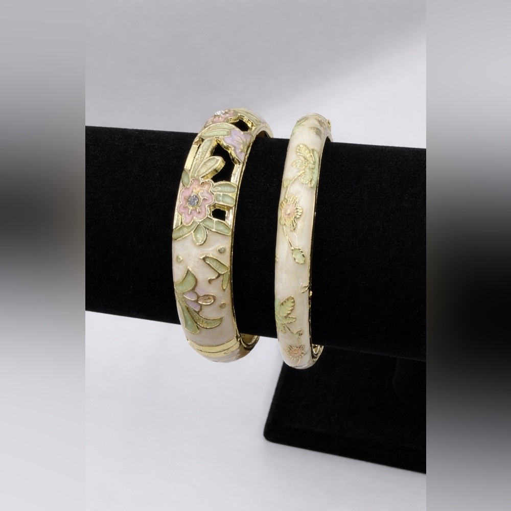 Gold & Ivory Floral Enamel Stackable Bangle Bracelets with Rhinestone Accent - Picture 5 of 6